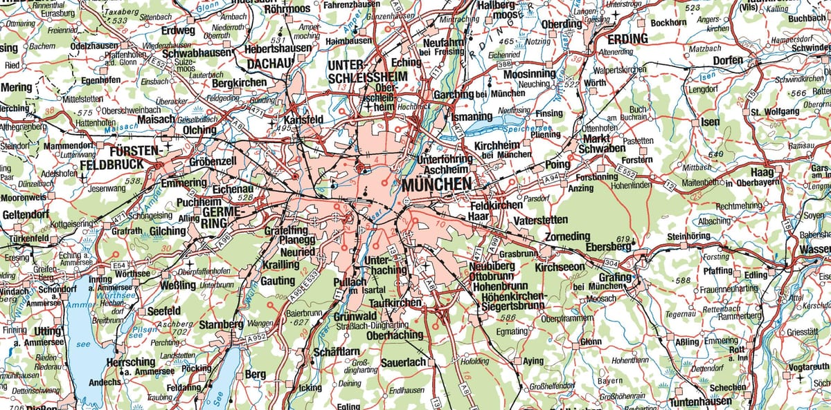 Kart over münchen og omkringliggende byer
